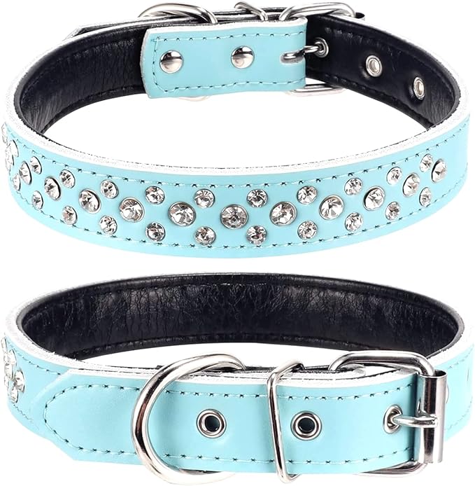 Rhinestones Dog Collar, Adjustable Sparkly Crystal Studded Genuine Leather Pet Dog Collar for Small and Medium Dogs (L, Blue)