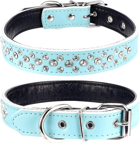 Rhinestones Dog Collar, Adjustable Sparkly Crystal Studded Genuine Leather Pet Dog Collar for Small and Medium Dogs (M, Blue)