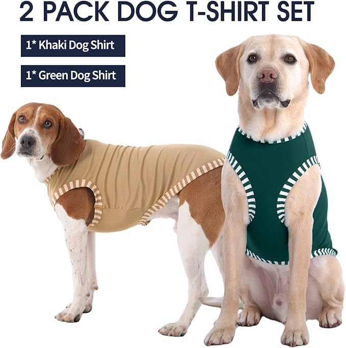 IECOii 2 Pack Summer Dog Shirt | Stretchy Fade-Resistant Fabric, Machine Washable Convenient,Home & Outdoor Clothes Fit for Medium Breeds, Khaki+Green, XL