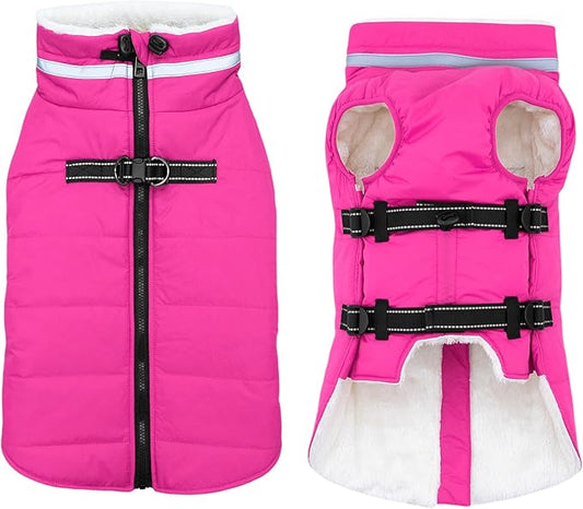 Large Dog Coat with Harness Built-in, Waterproof Reflective Fleece Lined - Warm Windproof Winter Jacket with Back Zipper, Cold Weather Snow Dog Coats - Pink - XL