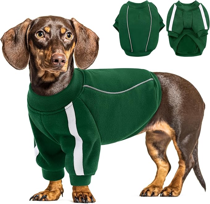 Queenmore Small Christmas Dog Sweater, Cozy Fleece Dog Sweatshirt, Warm Winter Fleece Jacket for Small, Medium & Large Dogs with Leash Hole/Reflective Stripes Green