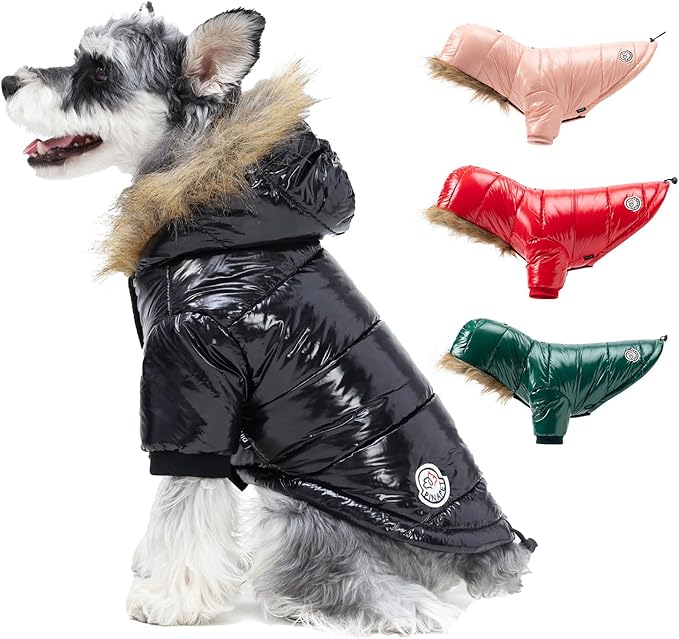 PINA Dog Winter Coat with Faux Fur Hood, Windproof and Warm, Suitable for Small to Large Dogs, Black, XXL