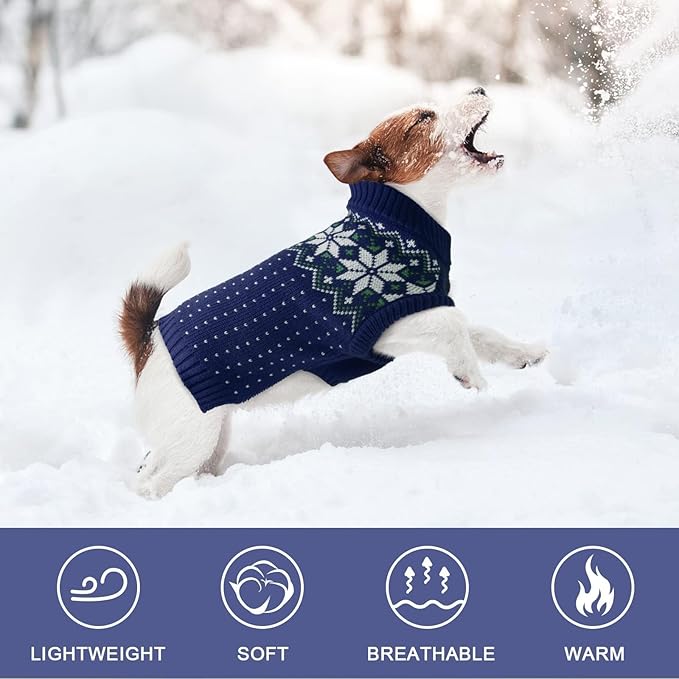 Kuoser Dog Sweater, Holiday Christmas Snowflake Pet Warm Knitwear Dog Sweaters Soft Puppy Clothing, Doggie Turtleneck Cold Weather Outfit Pullover for Small Medium Large Dogs Cats, Blue L