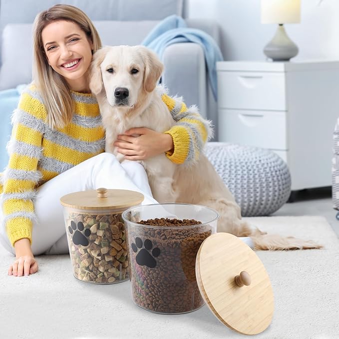 2 Pack Airtight Dog Treat Container,85oz Dog Cat Food Storage Container with Bamboo Lids,Puppy Cookie Jar,Up to 5~6LB,Pet Treat Canister with Scoops,Food Tong,Pen-Round