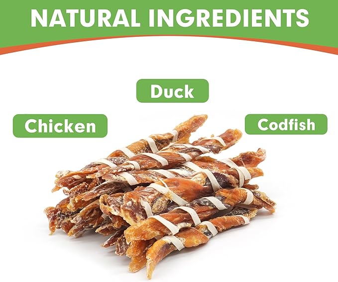 MON2SUN Dog Treats, Triple Flavor Jerky Twist Sticks, 5-7 Inch Chicken Duck and Codfish Sticks Chews for Small Dogs, Healthy Snacks, 17.64 oz (25 Count-Pack of 1)