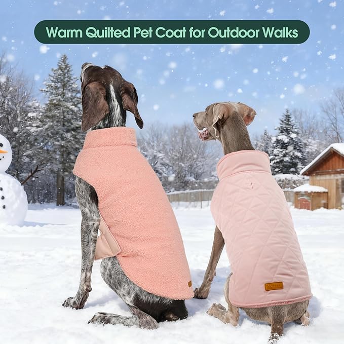 Kuoser Reversible Dog Coat – Warm Fleece & Quilted Waterproof Dog Jacket, Double-Sided Cold Weather Dogs Winter Coat with Harness Hole, Windproof Pet Snow Vest for Small Medium Large Dogs, Pink L