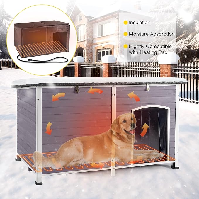 Heated Dog House with Electric Heating Pad Extra Large 59.1" Outdoor & Indoor Dog Kennl with Insulated Liner Keep Warm in Winter, Waterproof Pet Shelter, Strong Metal Frame，35.4"D x 59.1"W x 35.4"H