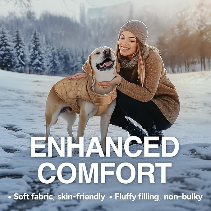 VIVAGLORY Softjoy Dog Coat, Dog Jacket for Winter & Christmas, Coat with Harness Hole & Velcro Closure, Reversible Plaid Checkered Warm Fluffy Heavy Duty for Puppy, XXS, Khaki
