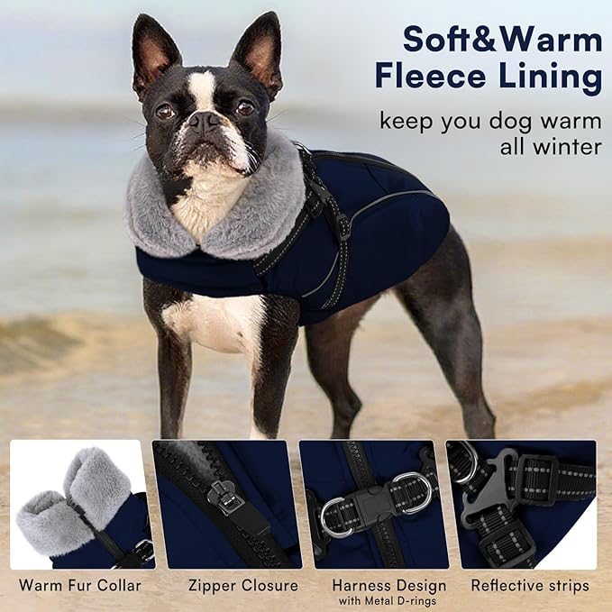 Queenmore Dog Jackets for Large Dogs, Dog Coat with Harness Built in,Waterproof Dogs Coats with Zipper On Back,Warm Fleece Lining Cold Weather Pet Coats with Furry Collar for Labrador,NavyBlue,L