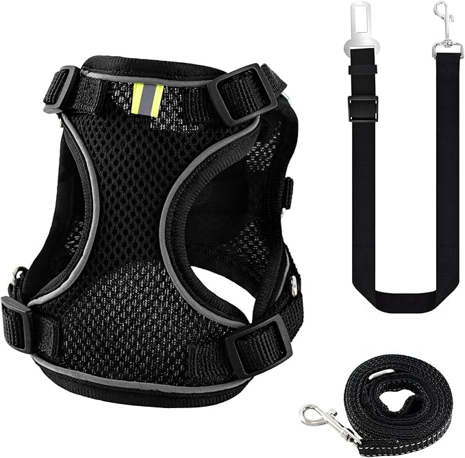 Kitten Cat Harness and Leash Set, Escape Proof Soft 4-Adjustable Cat Walking Vest Harness, Reflective Strips in Harness for Kitty Puppy Bunny Car Travel, with Car Seatbelt Leash (Black, S)