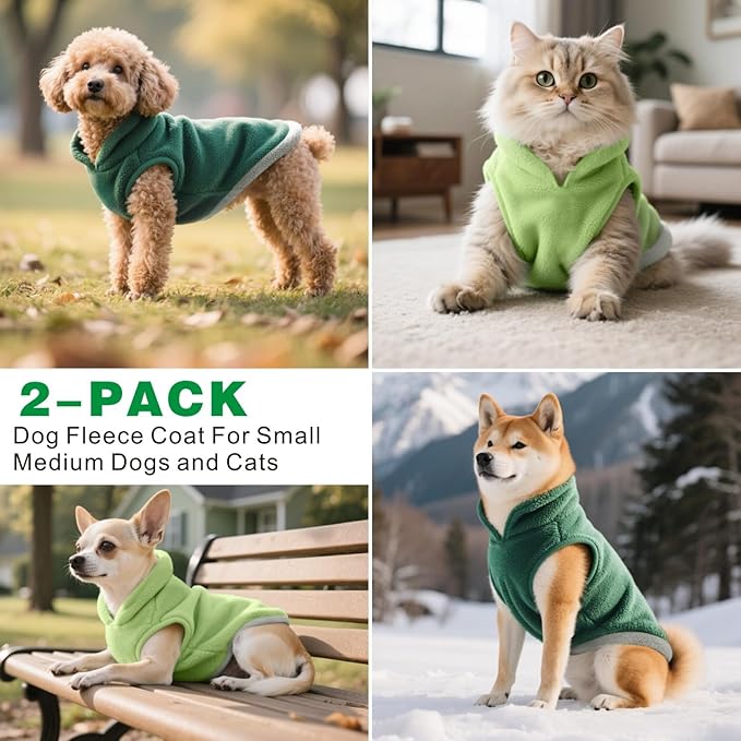 Idepet 2 Pack Dog Fleece Vest Sweater Warm Pullover Jacket with D-Ring Leash Reflective Winter Coat Hoodie for Bulldog Pug Chihuahuas Yorkies Dachshunds(Dark Green&Grass Green,XX-Large-French Bulldog)
