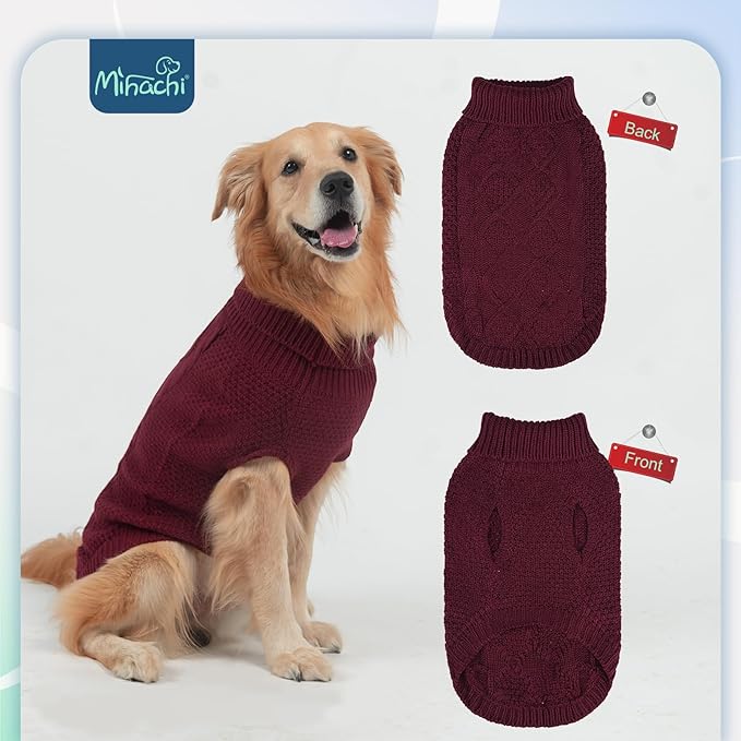 Mihachi Turtleneck Dog Sweater - Winter Coat Apparel Classic Cable Knit Clothes with Leash Hole for Cold Weather, Ideal Gift for Pet in New Year Wine Red ML