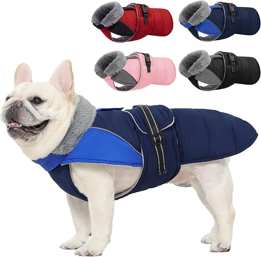 Nanaki Small Dog Coats for Winter Waterproof, Warm Fleece Lining Dog Jacket with Leash Hole, Reflective Cold Weather Puppy Jacket Vest, Easy On Pullover Pet Snow Jacket Male Female, Bulldog, Blue M