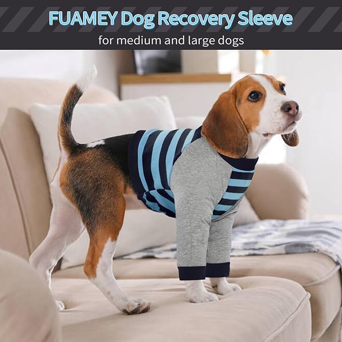 FUAMEY Dog Recovery Sleeve with Elbow Protector,Dogs Shirt Stop Licking Joints,Pet Long Sleeve Suit Protecting Dog's Front Leg Arm Wounds Cover Skin Conditions Blue Stripe S