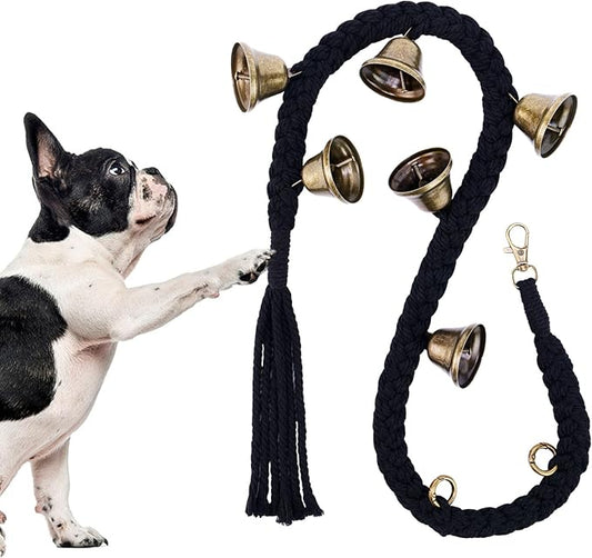 Dog Bell for Door Potty Training, Cotton Handwoven Dog Doorbell with 6 Extra Loud Bells for Dog Training, Adjustable Hanging Door Bell for Small Medium Large Dogs to Ring to Go Outside, Black
