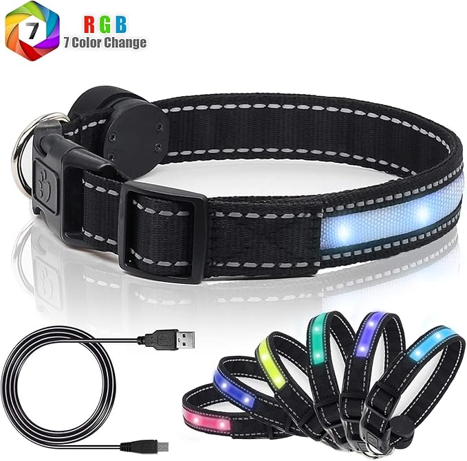 Light Up Dog Collars,Safety LED Dog Collars USB Rechargeable 7 Changing Colors Glow in The Dark Dog Walking Light,Neon Adjustable Safety Buckle Lighted Dog Collar for Small/Medium/Large Dogs, S Size