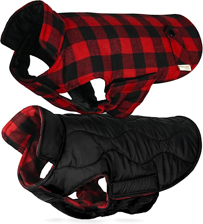 VIVAGLORY Softjoy Dog Coat, Dog Jacket for Winter & Christmas, Coat with Harness Hole & Velcro Closure, Reversible Plaid Checkered Warm Fluffy Heavy Duty for Puppy, S, Red Black