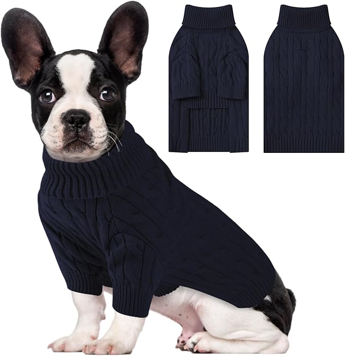 Small Dog Thermal Pullover Sweater, Classic Turtleneck Cable Knitwear Dog Clothes for Cold Weather Warm Pet Clothes for Chihuahua, Bulldog, Dachshund, Pug Navy Medium