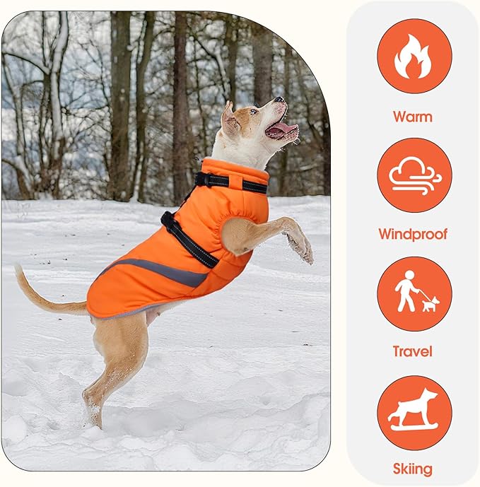 BRKURLEG Dog Winter Jackets for Large Dogs, Dog Coat with Harness Built in, Dogs Snowsuits with Zipper, Waterproof Windproof Pet Puffer Jacket Fleece Vest for Labrador, Dalmatian, Orange XXL