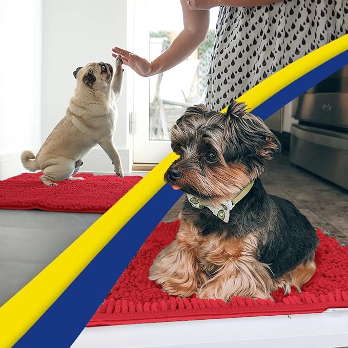 Muddy Mat® AS-SEEN-ON-TV Highly Absorbent Microfiber Door Mat and Pet Rug, Non Slip Thick Washable Area and Bath Mat Soft Chenille for Kitchen Bathroom Bedroom Indoor and Outdoor - Red 3ft x 8ft