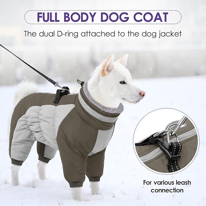 SUNFURA Full Body Dog Coat - Warm Fleece Jacket for Extra Large Dogs, Turtleneck Winter Coats with Harness, Reflective Dog Snowsuit Windproof Puffer Jackets with Legs for Great Dane, Army Green 3XL