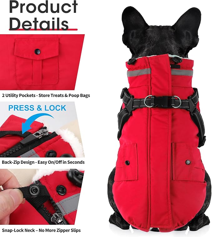 Dogcheer Dog Coat with Harness, Waterproof Warm Dog Winter Jacket with Pockets, Reflective Pet Fleece Jacket Turtleneck Snowsuit for Small Medium Large Dogs - Red, S