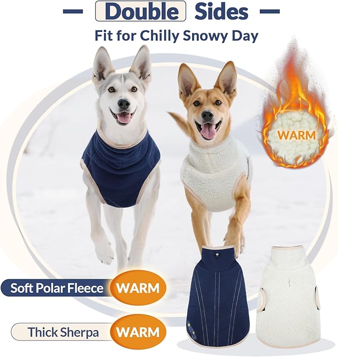 ROZKITCH Reversible Dog Coats for Large Dogs, Windproof Turtleneck Dog Vest Fleece Sherpa Sweater with Embroidery, Adjustable Double-Sided Plush Sweatshirt for Medium Large Breeds DarkBlue 2XL