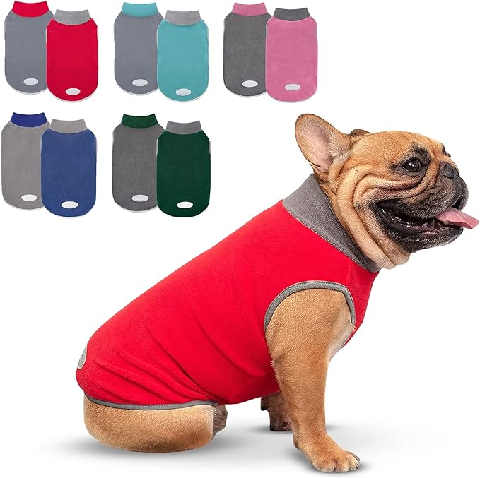 cyeollo 2 Pack Dog Sweater Sweatshirt Stretchy Fleece Vest Pullover Dog Jacket with Reflective Stripe Lightweight Pet Coats Sweaters for Small Dogs Grey & Red