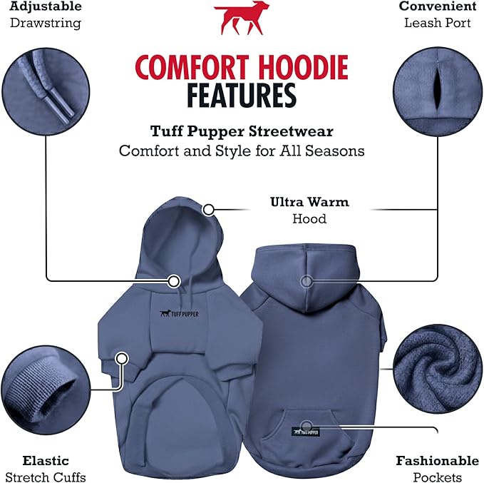 Tuff Pupper Dog Hoodie | Premium Quality 100% Organic Cotton | Ultra Soft Interior for Superior Comfort | Elastic Cuffs & Drawstring for Warmth | Stretch Fit Suitable for All Breeds (Blue, M)