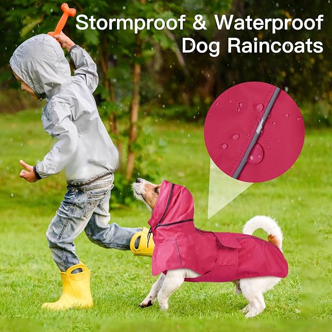 Dog Raincoat, Waterproof Dog Rain Jacket with Convertible Hood/Collar, Adjustable Belly-Protect Rain Coat for Meidum Dogs Poncho Reflective (Neon Pink, M)
