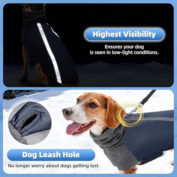 SlowTon Winter Dog Coat, Warm Polar Fleece Lining Doggie Outdoor Jacket with Turtleneck Scarf Reflective Stripe Adjustable Waterproof Windproof Puppy Vest Soft Pet Outfits (M,Dark Blue)