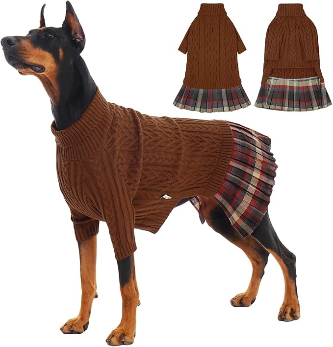 IECOii Girl XXL Dog Sweater Dress, Cozy Cable Knit Dog Sweater for Large Dogs Girl, Caramel,XXLarge, 2XL Pet Pullover Knitted Dress for Winter, Turleneck with Sleeve, Warm Sweaters for Female Pitbull