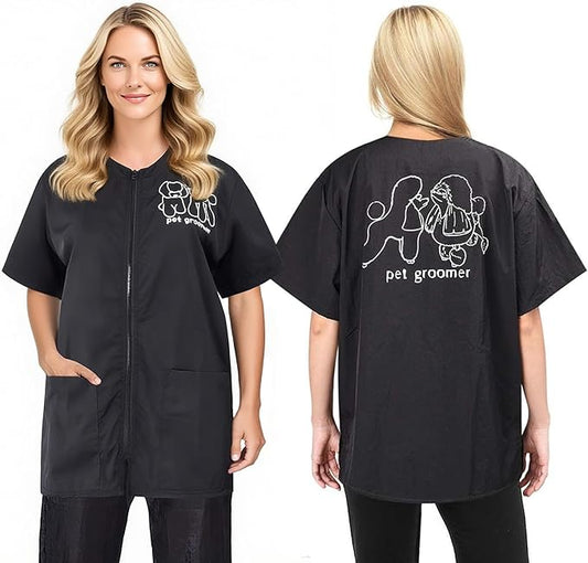 Noverlife Short Sleeves Pet Grooming Work Clothes with Full Zipper, XL Size, Splash Proof Anti-Static Pets Beautician Smock, Dog Cat Groomer Cosmetologist Uniforms for Pet Shop Men Women