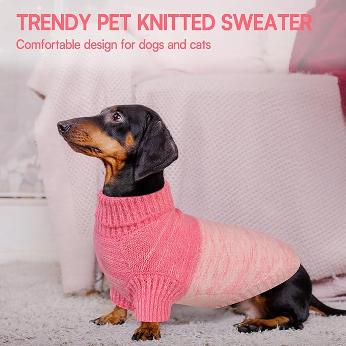 Queenmore Knitted Pullover Dog Sweater,Turtleneck Pet Cat Sweater, Cold Weather Puppy Clothes Stitching Knitwear with Leash Hole for Small Medium Dogs(Pink,M)