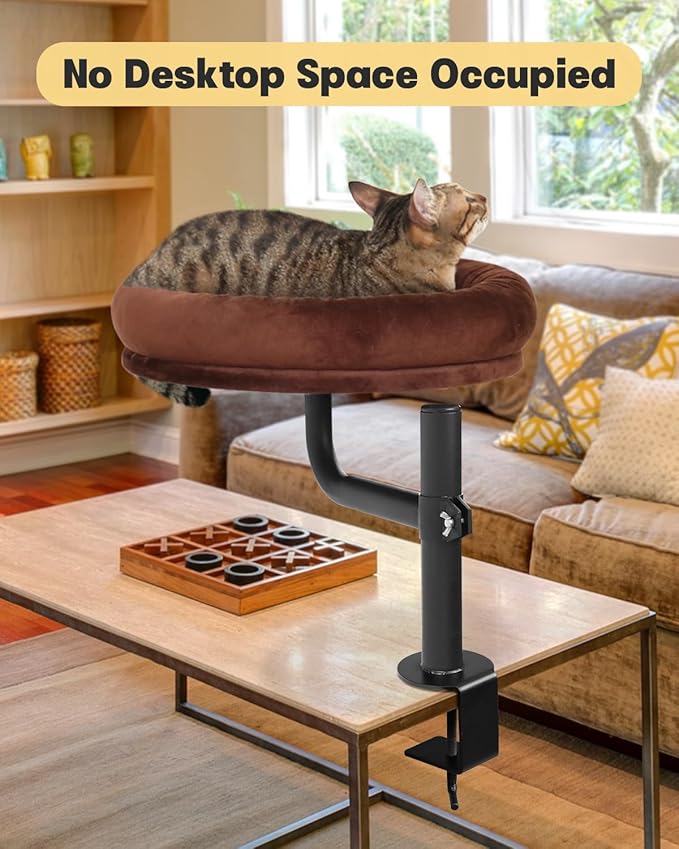 Cat Bed for Desk,Keeps Kitten Close and Workspace Clear Cat Bed,Height Adjustable and Rotatable,Drilling-Free(Unheated Brown,18.5" Lx17.5 Wx17.5 W)