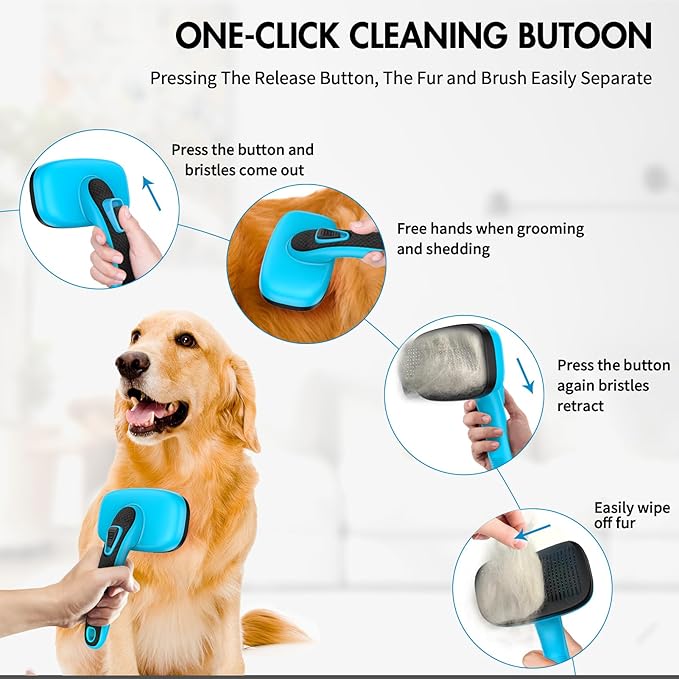 3 PCS Dog Grooming Brush Kit – Self Cleaning Slicker Brush for Shedding Short & Long Haired Dogs & Cats. Removes Loose Fur, Undercoat, Mats, Tangles for Small, Medium & Large Pets. Blue