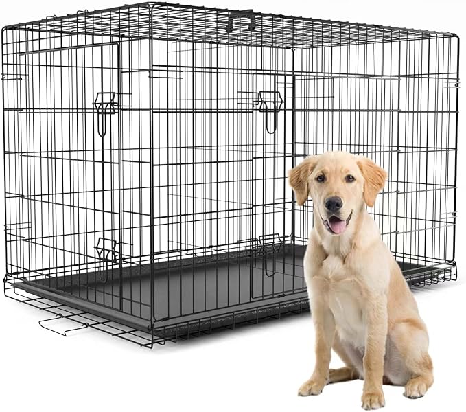 PetsTuff GREAT CRATES 42” X-Large Dog Crate - Heavy-Duty Dog Kennel With Divider Panel For Pets 65-85lbs - Durable Leaf-Proof Tray - Foldable, Carry Handle & Wheels For Easy Moving - Two-Door Dog Cage