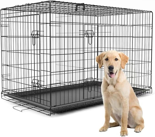 PetsTuff GREAT CRATES 42” X-Large Dog Crate - Heavy-Duty Dog Kennel With Divider Panel For Pets 65-85lbs - Durable Leaf-Proof Tray - Foldable, Carry Handle & Wheels For Easy Moving - Two-Door Dog Cage