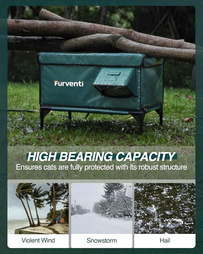 Outdoor Heated Cat House in Winter,Extremely Insulated & Weatherproof,Elevated Feral Cat Shelter with Waterproof Eaves & Escape Door for Outside Stray Barn Cat (Dark Green,M)