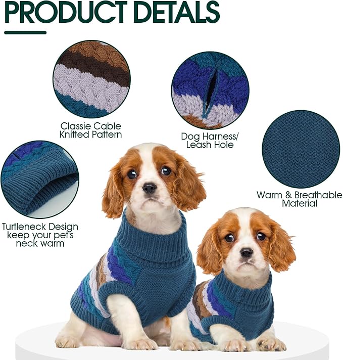 Kuoser Dog Sweater, XS Dog Sweater Pet Cable Knitted Pullover Warm Clothes, Puppy Turtleneck Classic Knitwear Soft Thickening Christmas Outfit, Cold Weather Thermal Wear for Small Dogs, Blue XS