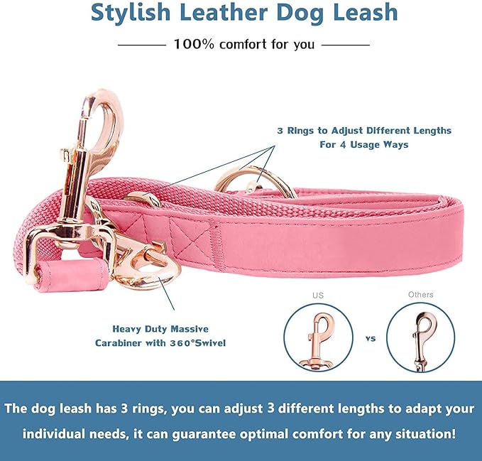 Soft Leather Dog Collar and Leash (6.6') Set - Stylish Rose Gold Heavy Duty Metal Buckle, 4 Adjustable Lengths Leash for Small Medium Large Dogs - Comfortable & Easy to Clean Dark Pink S(12.2"-16.9")