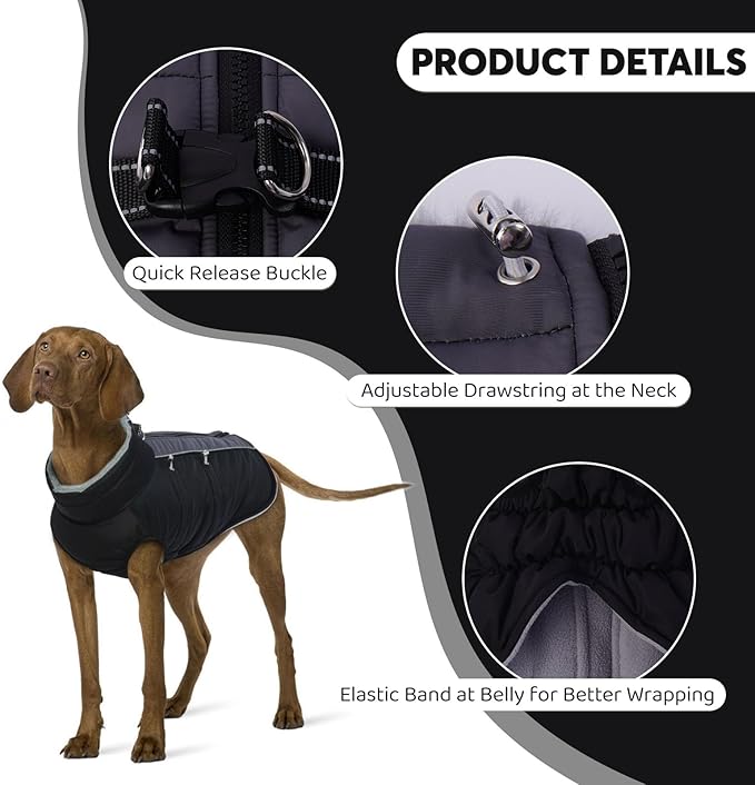 IDOMIK Warm Dog Coat with Harness, Waterproof Reflective Dog Jackets for Small Medium Large Dogs, Fleece High Collar Winter Jacket with Zipper, Pet Winter Snowsuit Clothes for Cold Weather,Black M