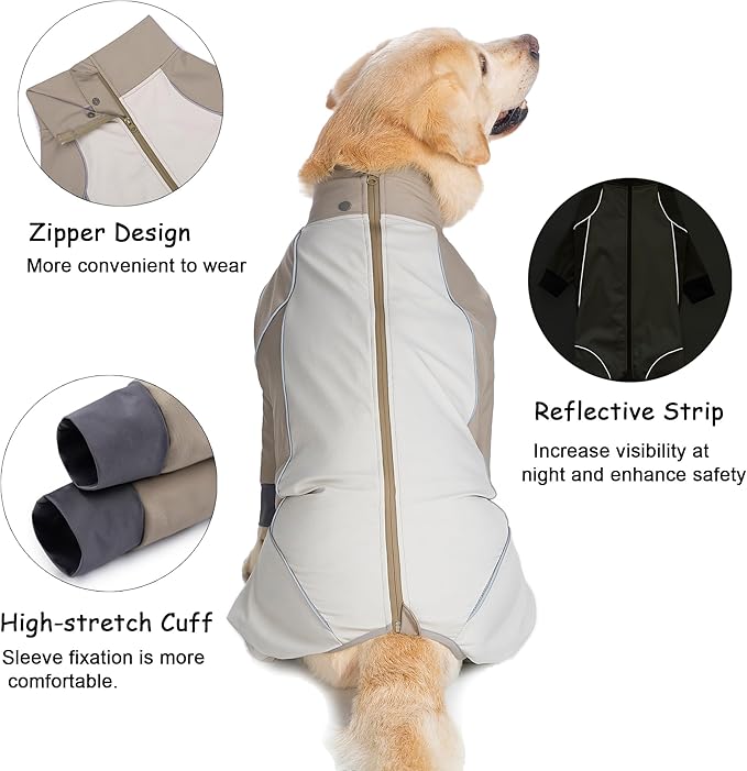 Dog Full Body Winter Coat, Waterproof Fleece Jacket for Small Medium Large Dogs Reflective Snowsuit with Zipper for Outdoor Skating (Beige, 5XL(Weight 65-88 lbs))