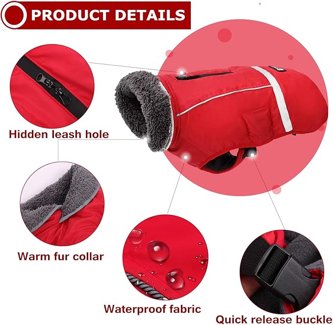 QBLEEV Warm Dog Coat Reflective Dog Jacket, Waterproof Dog Winter Coat Turtleneck Dog Clothes for Cold Weather, Thick Fleece Dog Snowsuit Christmas Dog Vest Pet Apparel for Small Medium Large Dogs 2XL