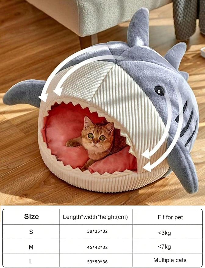 QWINEE Cat Mat Shark-Shaped Kennel Kitten Bed Hideout House Warm Soft Comfortable Semi-Closed Cat Dog Nest Blue S