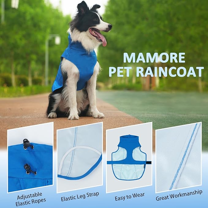 Waterproof Dog Raincoat, Adjustable Lightweight Dog Rain Jacket with Reflective Strip Leash Hole for Small Medium Large Dogs (Blue, XX-Large(55-77lb))
