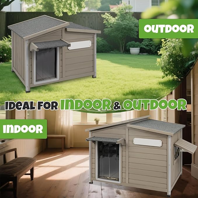 Large Outdoor Wooden Dog House, Weatherproof Dog Houses with Adjustable Vent Windows, Alloy Chew-Resistant Frame, Removable Floor for Medium & Large Dogs (43.5" L x 29.5" W x 33.5" H)