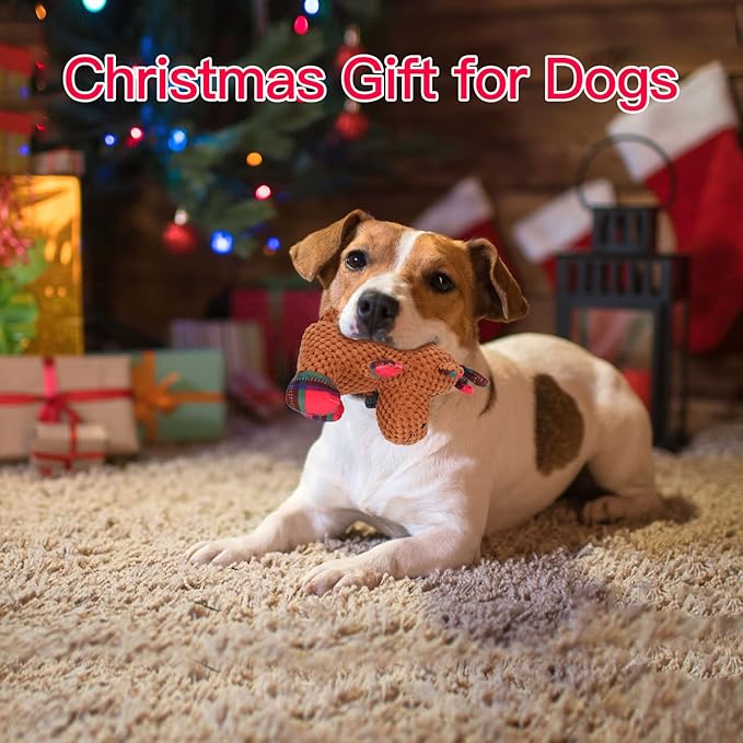 Rypet Pet Christmas Toy Dog Stuffed Squeaky Toys Puppy Durable Plush Toy Reindeer Dog Toys for Medium Small Dogs