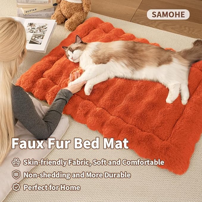 Cat Beds for Indoor Cats Faux Fur Pet Pad Mat Plush Kitten Bed with Non-Slip Bottom for Carriers/Couch Dog & Puppy Friendly 35 x 27 Inch X-Large Orange