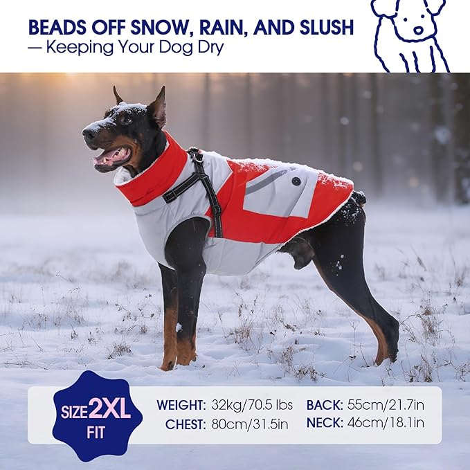 FUAMEY Dog Winter Jackets for Large Dogs,Dog Coat with Harness Built in,Waterproof Dogs Snowsuits Warm Pet Jacket Zip Up Fleece Cold Weather Coats Reflective Puppy Vest with Pocket Red 2XL